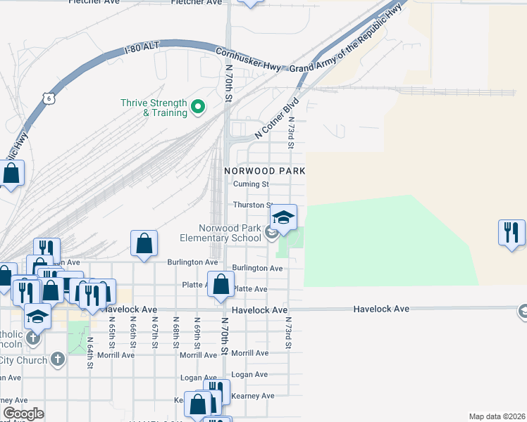 map of restaurants, bars, coffee shops, grocery stores, and more near 7143 Thurston Street in Lincoln