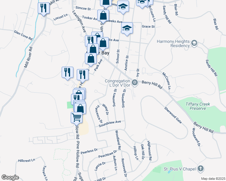 map of restaurants, bars, coffee shops, grocery stores, and more near 74 Summers Street in Oyster Bay