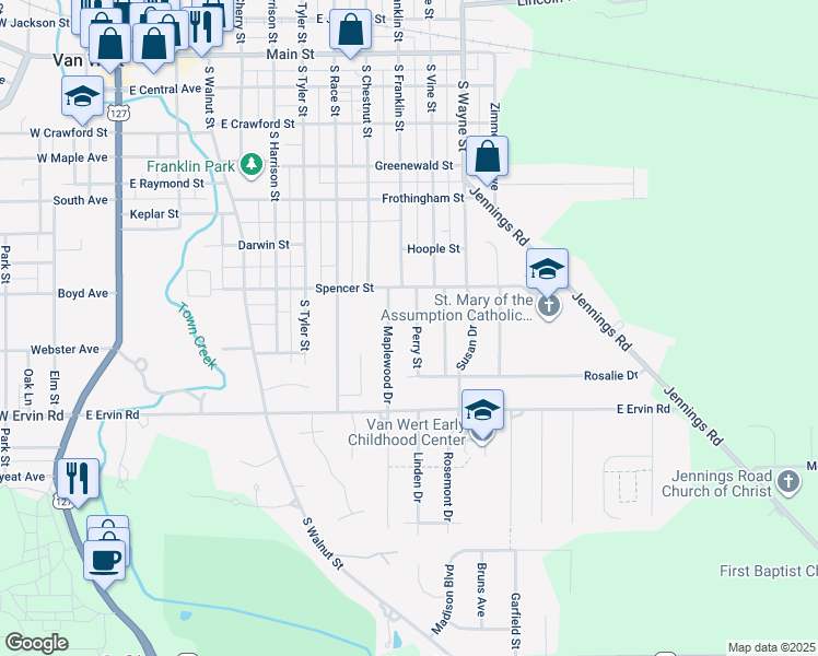 map of restaurants, bars, coffee shops, grocery stores, and more near 733 Perry Street in Van Wert