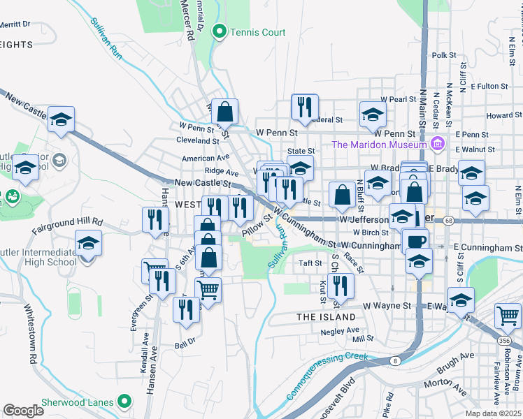 map of restaurants, bars, coffee shops, grocery stores, and more near 104 2nd Avenue in Butler