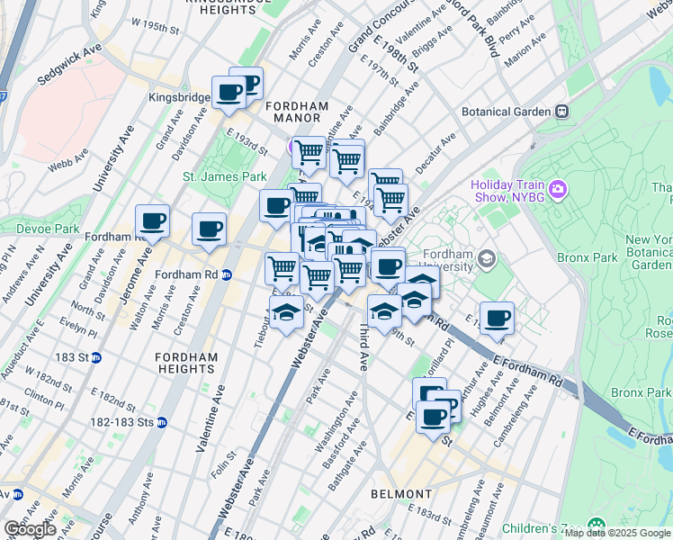 map of restaurants, bars, coffee shops, grocery stores, and more near 386 East Fordham Road in Bronx