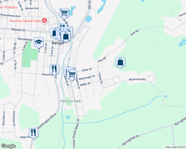 map of restaurants, bars, coffee shops, grocery stores, and more near 301 Messinger Street in Bangor