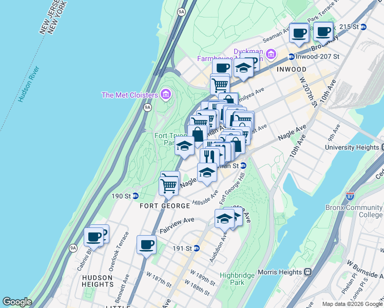 map of restaurants, bars, coffee shops, grocery stores, and more near 108 Ellwood Street in New York
