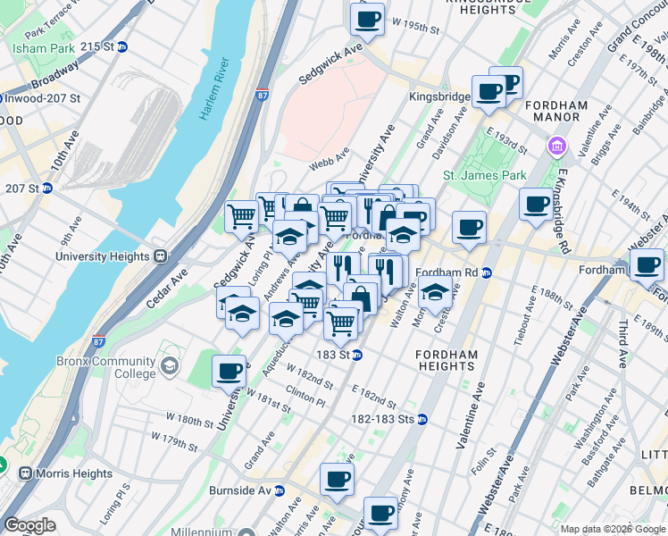 map of restaurants, bars, coffee shops, grocery stores, and more near 141 West 184th Street in Bronx