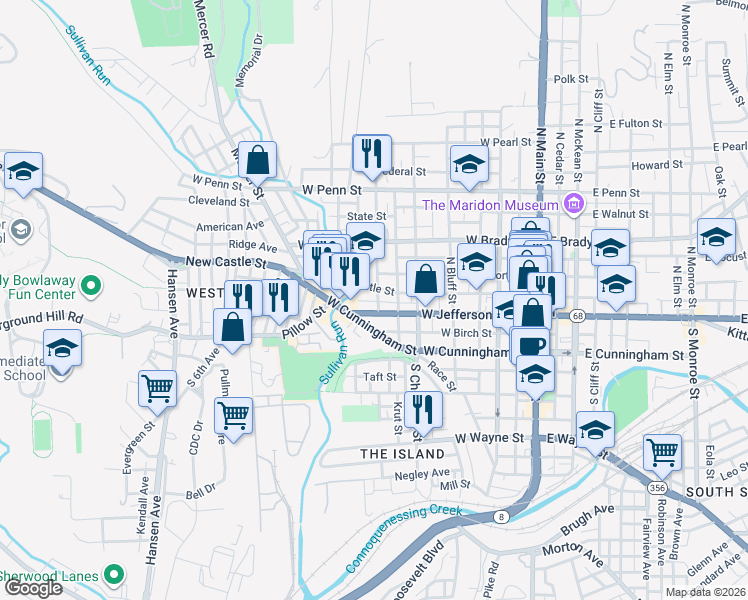 map of restaurants, bars, coffee shops, grocery stores, and more near 110 Broad Street in Butler