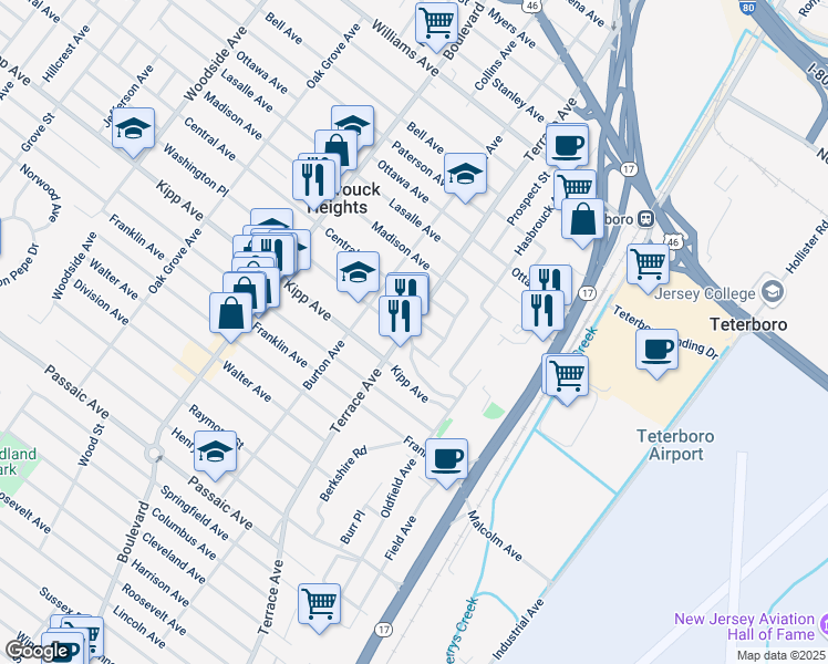 map of restaurants, bars, coffee shops, grocery stores, and more near 12 Michigan Avenue in Hasbrouck Heights