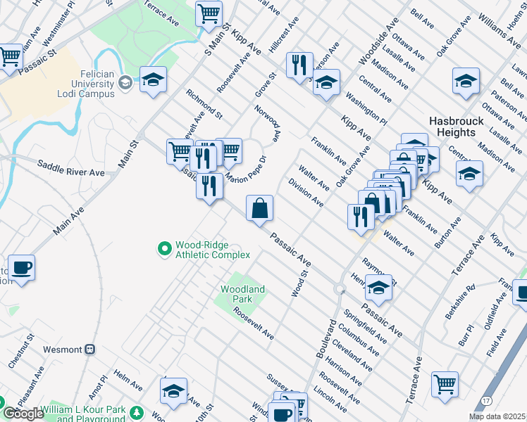 map of restaurants, bars, coffee shops, grocery stores, and more near 34 Woodside Avenue in Hasbrouck Heights