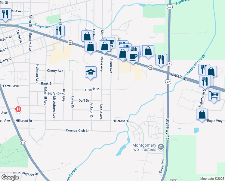 map of restaurants, bars, coffee shops, grocery stores, and more near 301 Sloan Avenue in Ashland