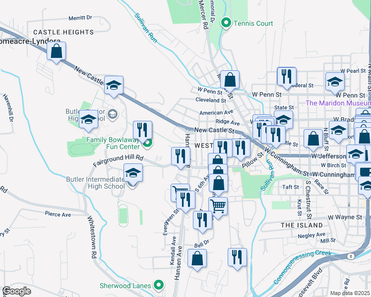 map of restaurants, bars, coffee shops, grocery stores, and more near 204 Hansen Avenue in Butler