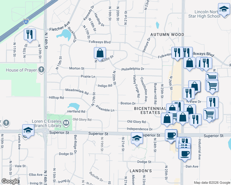 map of restaurants, bars, coffee shops, grocery stores, and more near 5039 North 20th Street in Lincoln