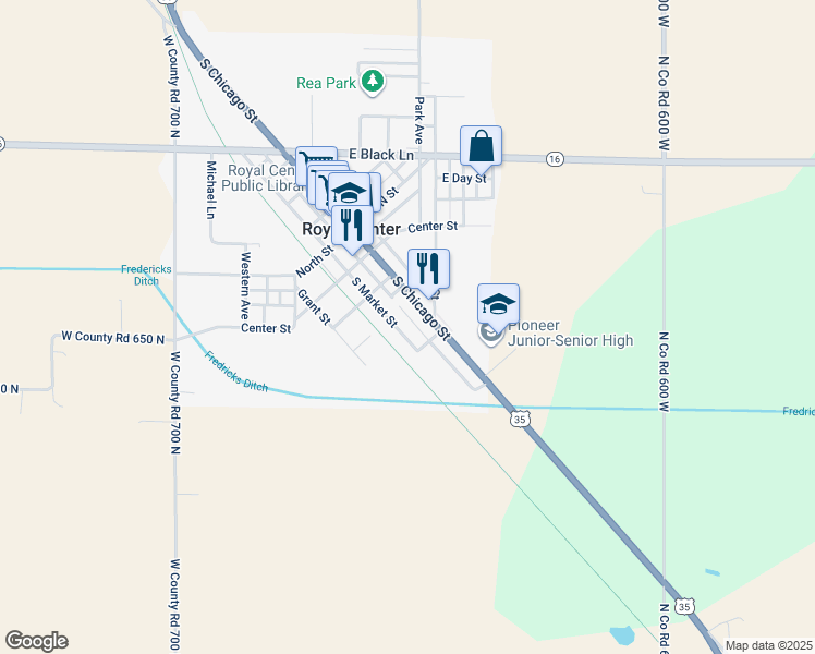 map of restaurants, bars, coffee shops, grocery stores, and more near 221 South Market Street in Royal Center
