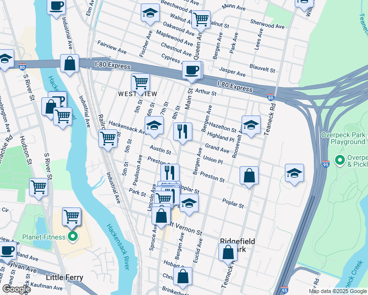 map of restaurants, bars, coffee shops, grocery stores, and more near 2 Union Place in Ridgefield Park