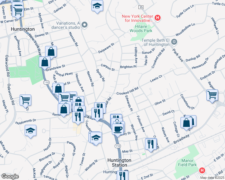map of restaurants, bars, coffee shops, grocery stores, and more near 32 Woodhull Road in Huntington