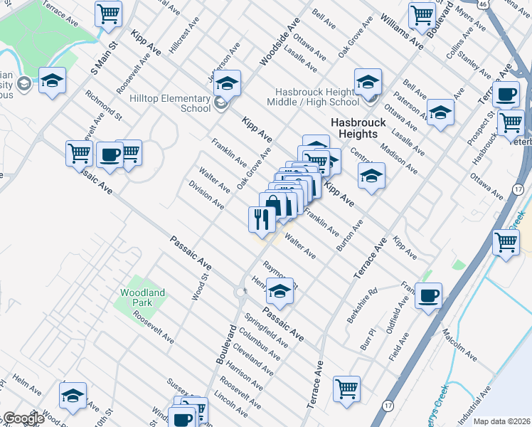 map of restaurants, bars, coffee shops, grocery stores, and more near 141 Walter Avenue in Hasbrouck Heights