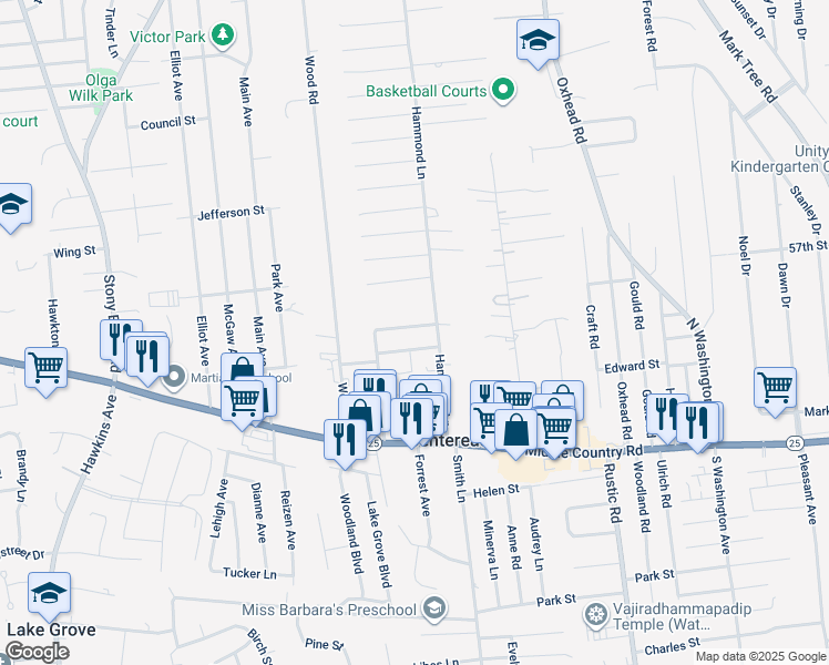 map of restaurants, bars, coffee shops, grocery stores, and more near 12 Walnut Street in Centereach