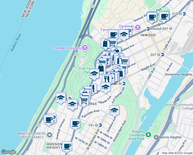 map of restaurants, bars, coffee shops, grocery stores, and more near 4640 Broadway in New York