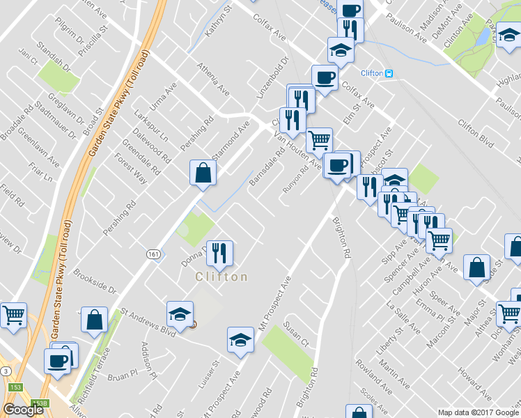 map of restaurants, bars, coffee shops, grocery stores, and more near 116 Barnsdale Road in Clifton