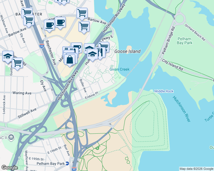 map of restaurants, bars, coffee shops, grocery stores, and more near 100 Erskine Place in Bronx
