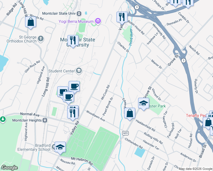 map of restaurants, bars, coffee shops, grocery stores, and more near 110 McCosh Road in Montclair