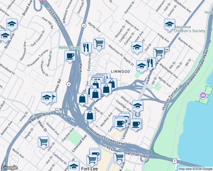 map of restaurants, bars, coffee shops, grocery stores, and more near 166 Linwood Drive in Fort Lee