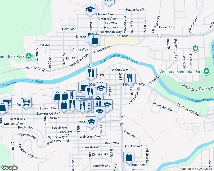 map of restaurants, bars, coffee shops, grocery stores, and more near 311 Pennsylvania 288 in Ellwood City