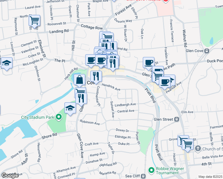 map of restaurants, bars, coffee shops, grocery stores, and more near 16 Hendrick Avenue in Glen Cove