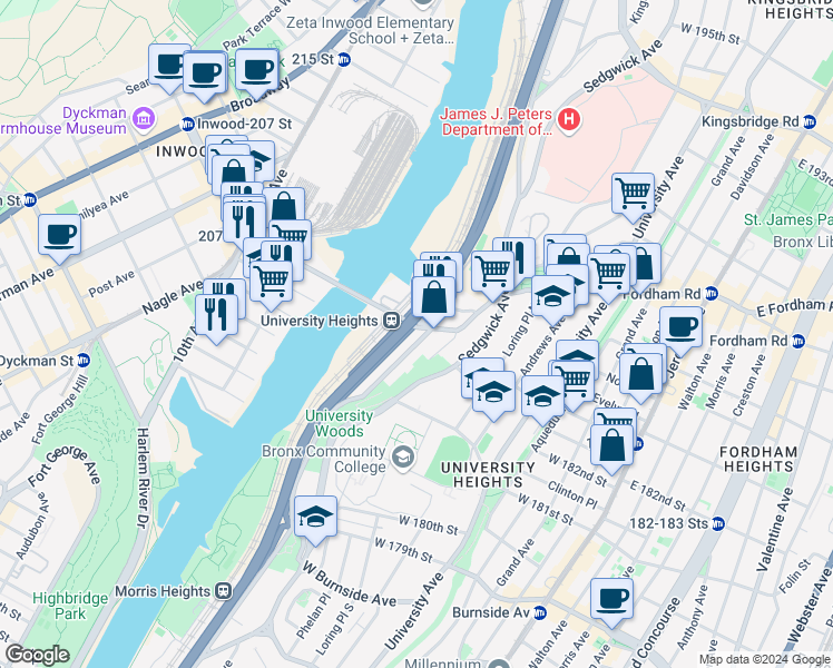 map of restaurants, bars, coffee shops, grocery stores, and more near 296 West Fordham Road in Bronx