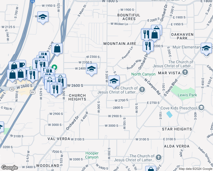 map of restaurants, bars, coffee shops, grocery stores, and more near 200 W 2600 S in Bountiful