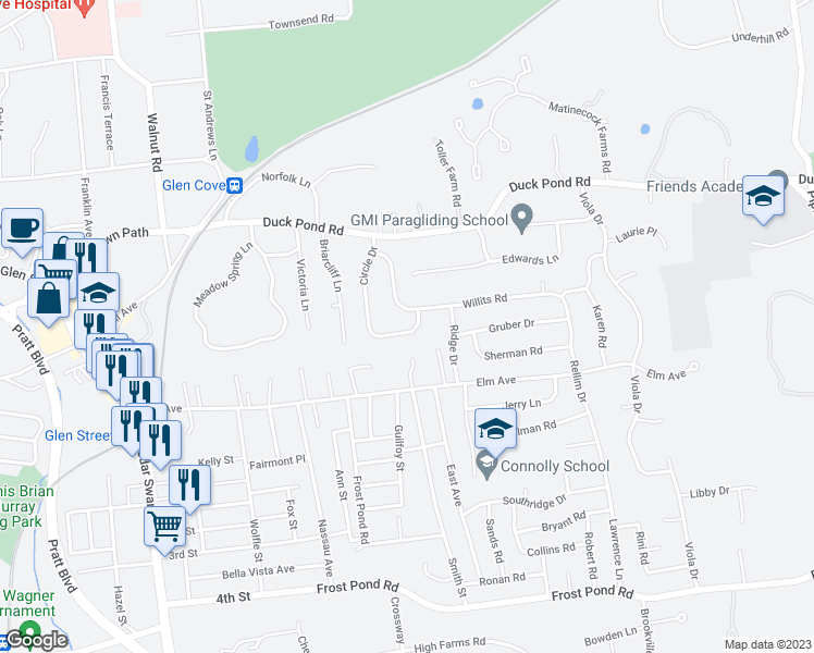 map of restaurants, bars, coffee shops, grocery stores, and more near 45 Circle Drive in Glen Cove