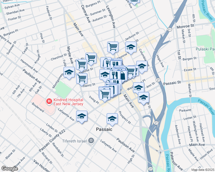 map of restaurants, bars, coffee shops, grocery stores, and more near 49 Garden St in Passaic