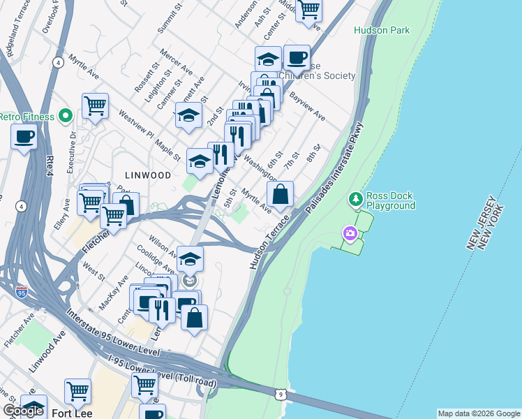 map of restaurants, bars, coffee shops, grocery stores, and more near 132 Myrtle Avenue in Fort Lee