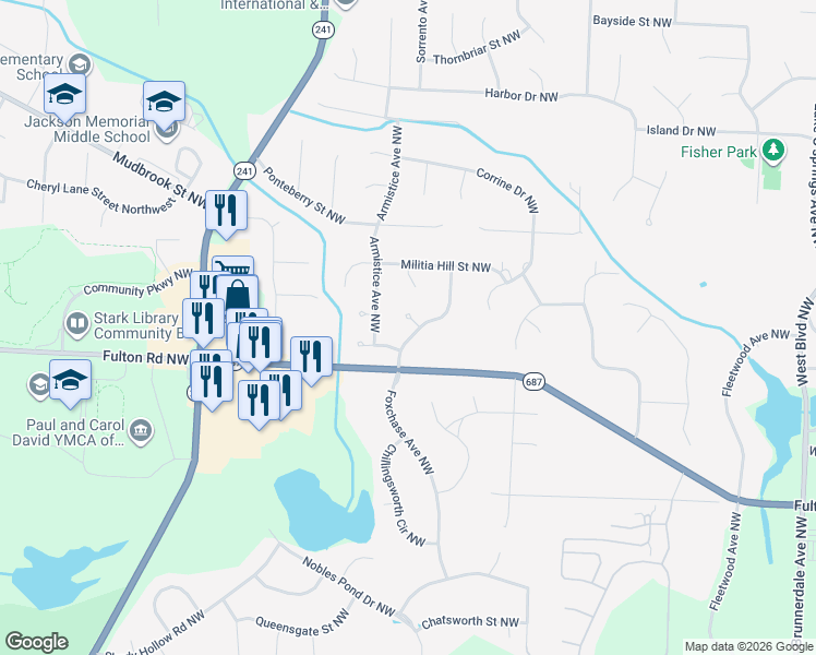 map of restaurants, bars, coffee shops, grocery stores, and more near 5545 Foxchase Avenue Northwest in Canton