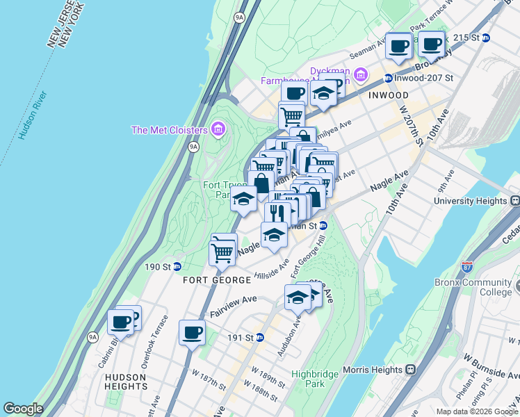 map of restaurants, bars, coffee shops, grocery stores, and more near 90 Ellwood Street in New York