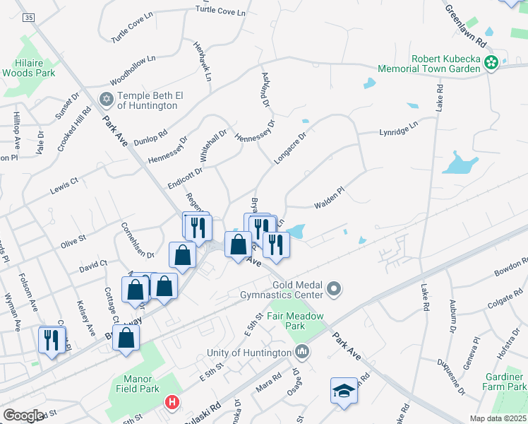 map of restaurants, bars, coffee shops, grocery stores, and more near 5 Bryant Drive in Huntington