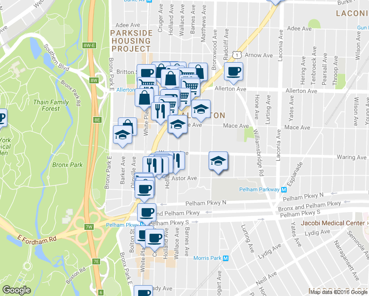 map of restaurants, bars, coffee shops, grocery stores, and more near 2400 Wallace Avenue in Bronx