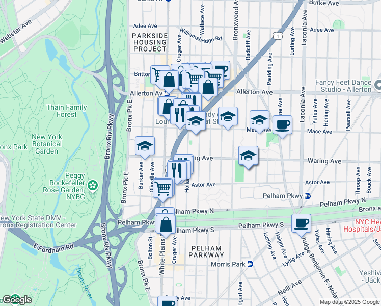 map of restaurants, bars, coffee shops, grocery stores, and more near 2424 Boston Road in The Bronx