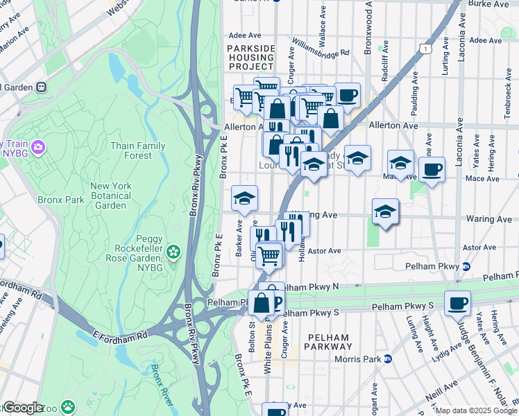 map of restaurants, bars, coffee shops, grocery stores, and more near in The Bronx