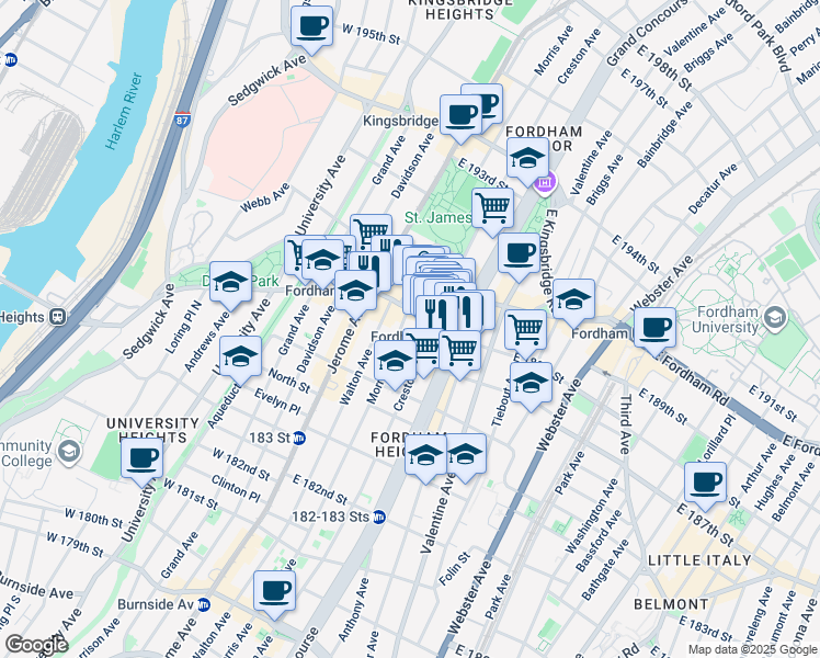 map of restaurants, bars, coffee shops, grocery stores, and more near 2445 Creston Avenue in The Bronx