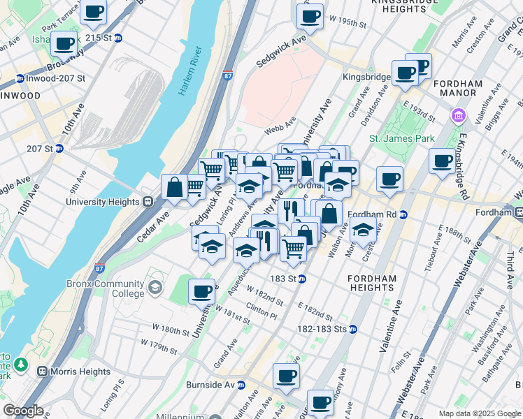 map of restaurants, bars, coffee shops, grocery stores, and more near 2315 University Avenue in The Bronx