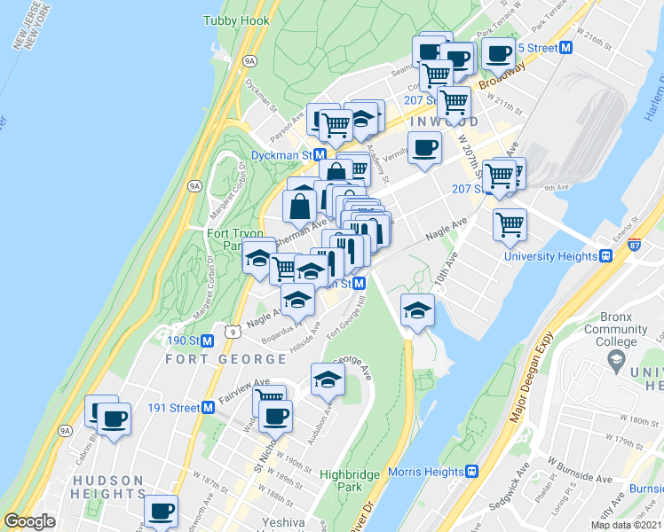 map of restaurants, bars, coffee shops, grocery stores, and more near 2 Thayer Street in New York