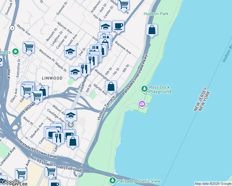 map of restaurants, bars, coffee shops, grocery stores, and more near 2369 Hudson Terrace in Fort Lee