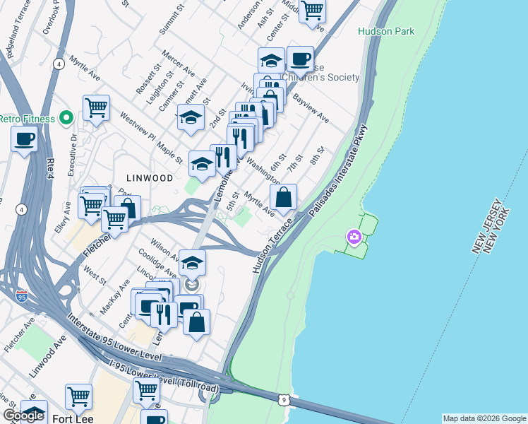 map of restaurants, bars, coffee shops, grocery stores, and more near 132 Myrtle Avenue in Fort Lee