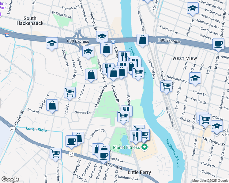 map of restaurants, bars, coffee shops, grocery stores, and more near 540 Hudson Street in Hackensack