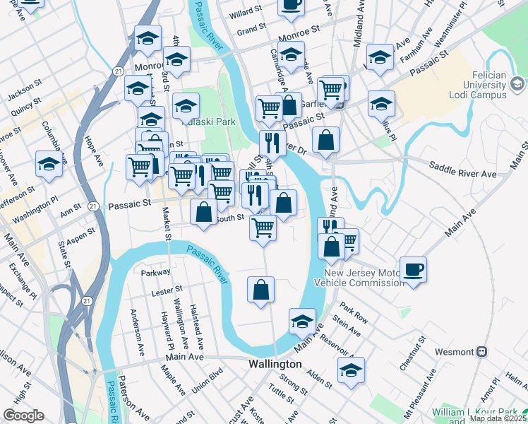 map of restaurants, bars, coffee shops, grocery stores, and more near 163 8th Street in Passaic