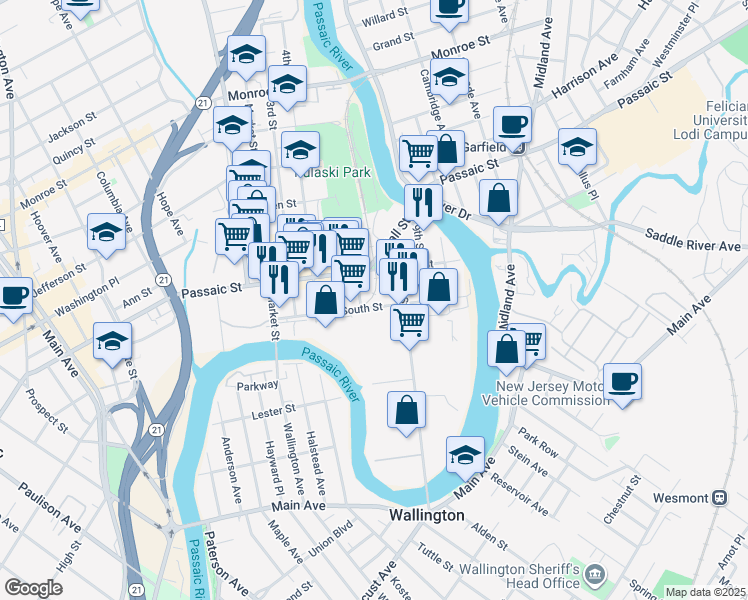 map of restaurants, bars, coffee shops, grocery stores, and more near 80 South Street in Passaic