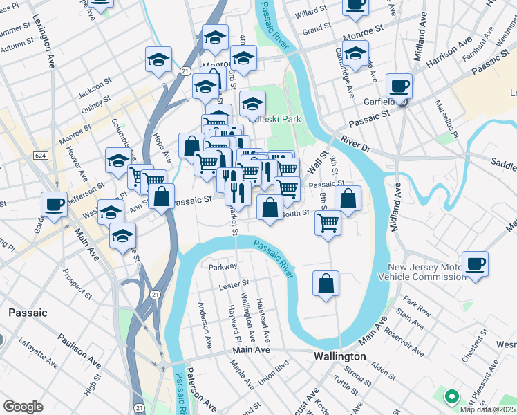 map of restaurants, bars, coffee shops, grocery stores, and more near 14 3rd Street in Passaic