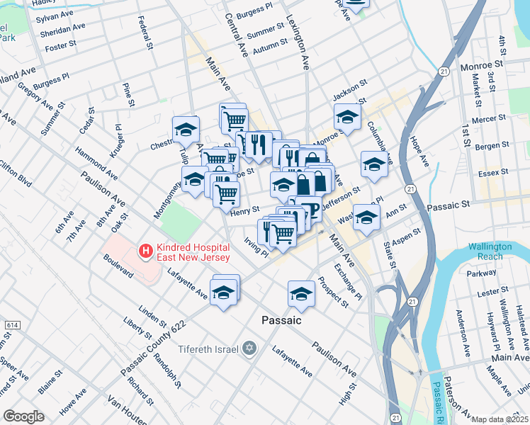 map of restaurants, bars, coffee shops, grocery stores, and more near 53 Henry Street in Passaic