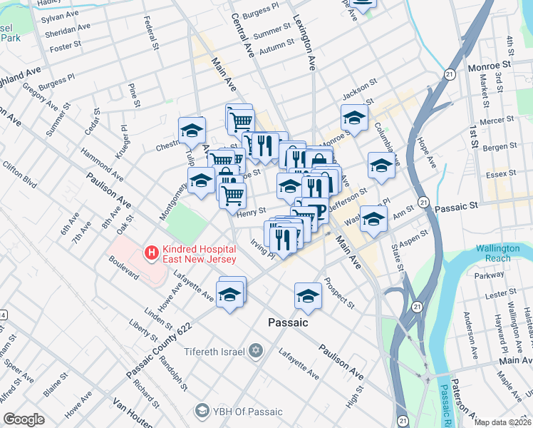 map of restaurants, bars, coffee shops, grocery stores, and more near 53 Henry Street in Passaic