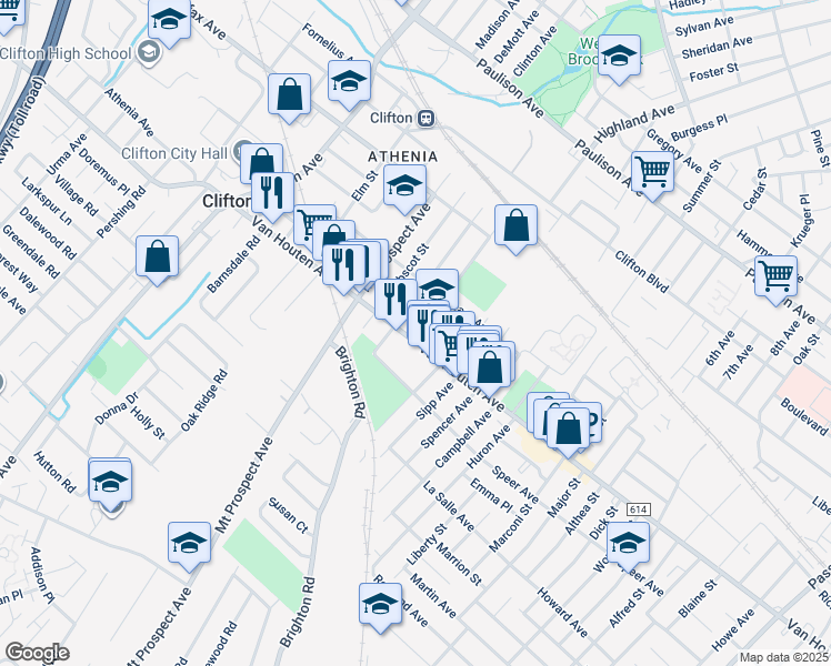 map of restaurants, bars, coffee shops, grocery stores, and more near 798 Van Houten Avenue in Clifton
