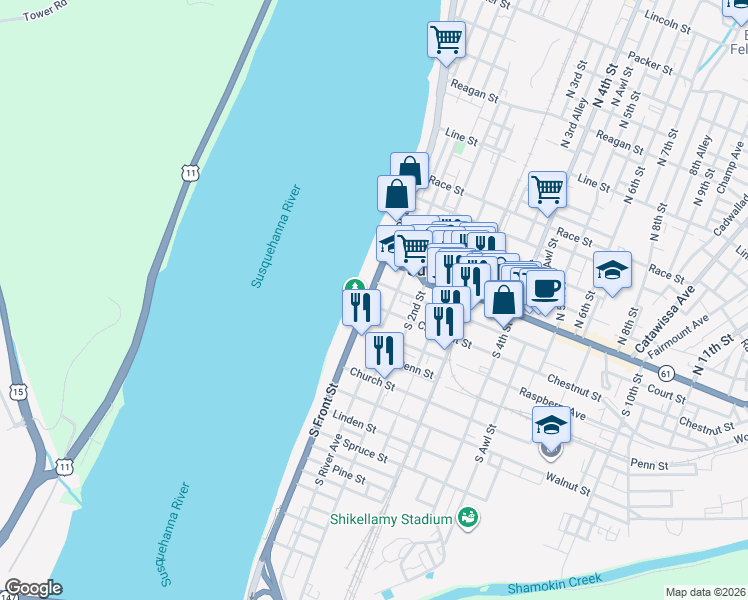 map of restaurants, bars, coffee shops, grocery stores, and more near 50 South Front Street in Sunbury